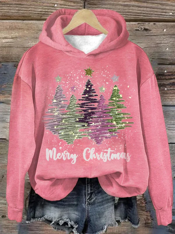 Merry Christmas-hoodie med glittrande trädmönster för kvinnor