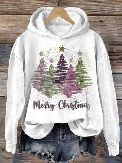 Merry Christmas-hoodie med glittrande trädmönster för kvinnor