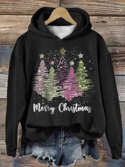 Merry Christmas-hoodie med glittrande trädmönster för kvinnor