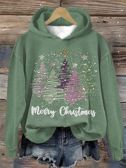 Merry Christmas-hoodie med glittrande trädmönster för kvinnor